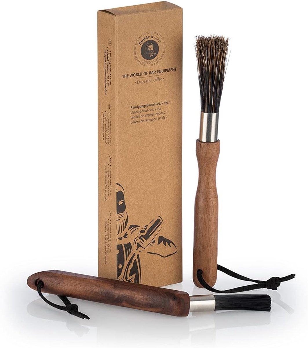 SnelShoppen - Barista Cleaning Brush Set - Professionele Koffie Maker Borstelset - Gebogen Borstel 13.5 cm & Rechte Borstel 12.5 cm - Nylon Haren & Wa