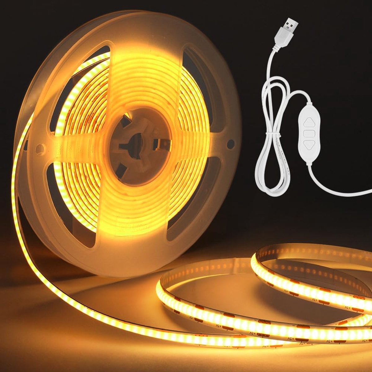 HOTUT COB LED-strip 3 m, warm witte ledstrips, 5V dimbare continue LED-stripverlichting, flexibele USB LED-lichtstrip - ShopVlot