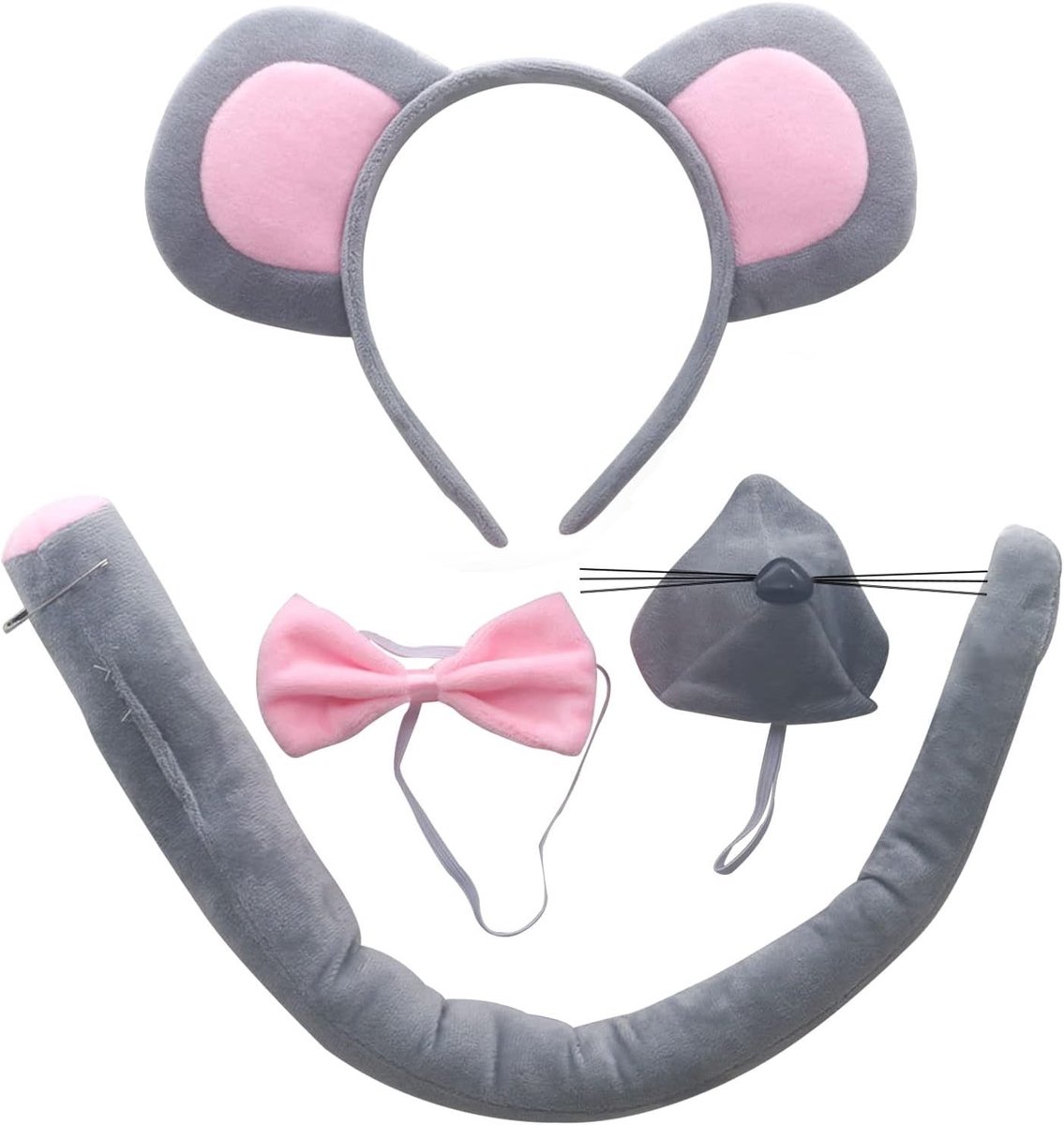 4-delig Muizen Kostuum Set voor Kinderen, Inclusief Neus, Staart en Strik, Perfect voor Halloween, Carnaval en Feestjes (Grijs)