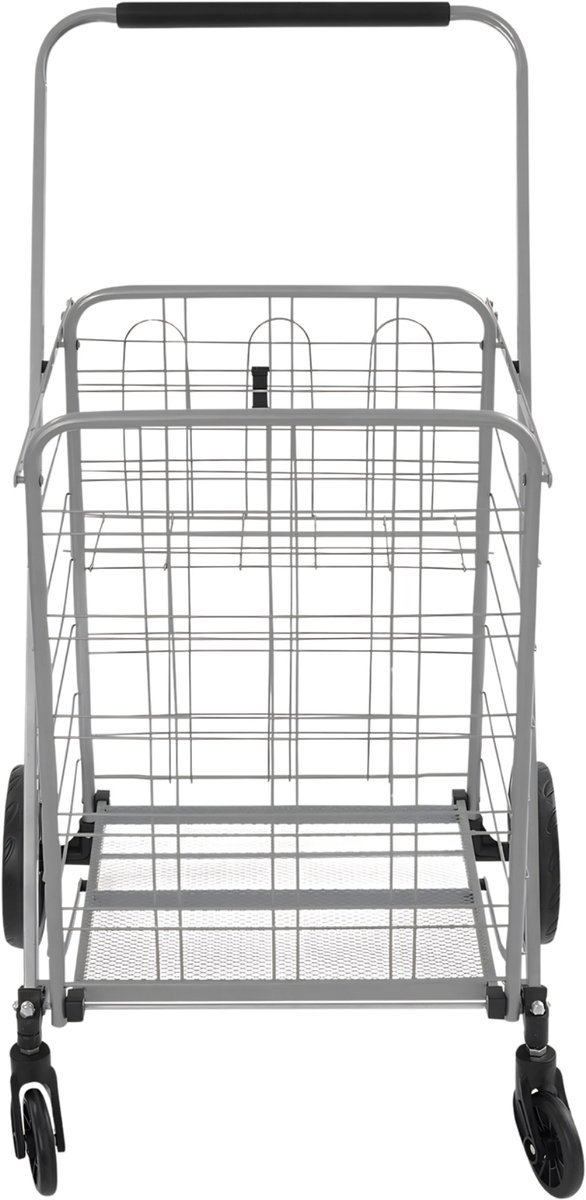 Opvouwbare Boodschappenwagen met Dubbele Manden – Winkelwagen met Mesh Onderrek en Handgreep met Schuimrubber voor Boodschappen en Wasgoed – Zilver