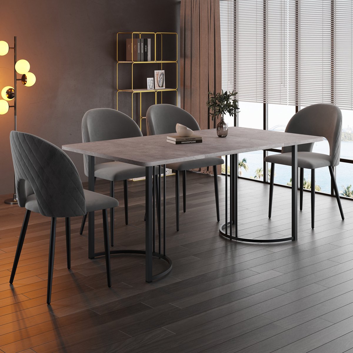 MEUNIQ essgroep 140 x 80 cm met eettafel en 4 velvet eetkamerstoelen, marmerlook tafelblad, verstelbare poten, grijs en zwart, voor eetkamer of keuken