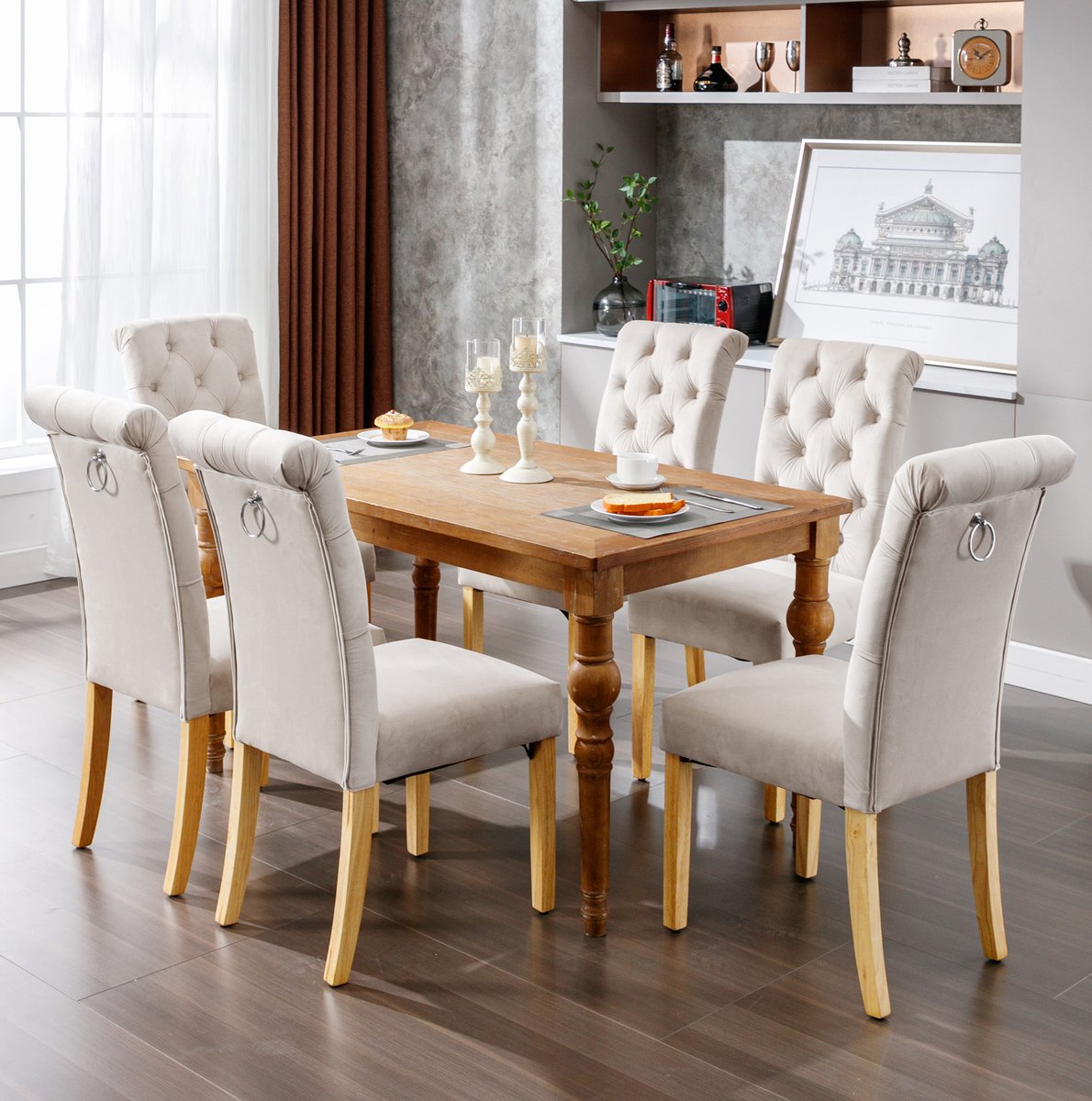 MEUNIQ Eetkamerstoelen set van 6 in beige velvet met eikenhouten poten, hoge rugleuning met knoopdetails en metalen ring, gestoffeerde eetkamerstoel voor eetkamer en woonkamer