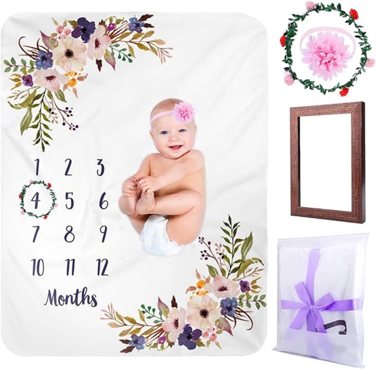 Verte Mijlpaaldeken - Babydeken met Bloemenpatroon - Mijlpaaldeken - Maanddeken - Babydeken voor Jongens en Meisjes - Babydeken met Maand - Cadeau voor Een Geboorte - 130 x 100 cm