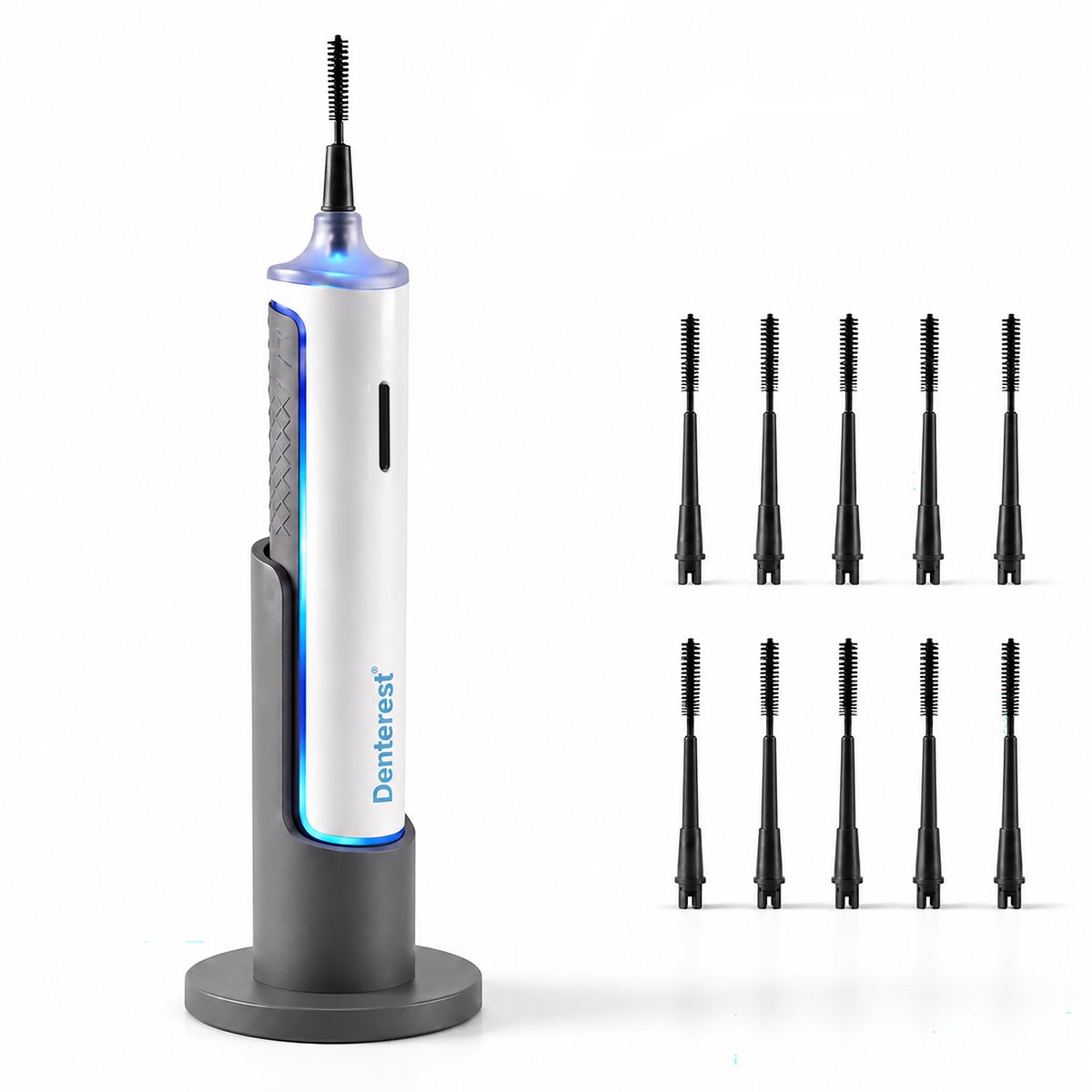 Elektrische Flosser - Incl. 10 Opzetstukken en Standaard - LED Licht - Flosapparaten - Tandplak Verwijderaar - Mondverzorging Tandvlees en Tanden - 10 Tandenragers - Mondhygiëne - 16,5 x 1,9 cm - Wit/Grijs - Denterest