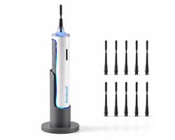 Elektrische Flosser - Incl. 10 Opzetstukken en Standaard - LED Licht - Flosapparaten - Tandplak Verwijderaar - Mondverzorging Tandvlees en Tanden - 10 Tandenragers - Mondhygiëne - 16,5 x 1,9 cm - Wit/Grijs - Denterest