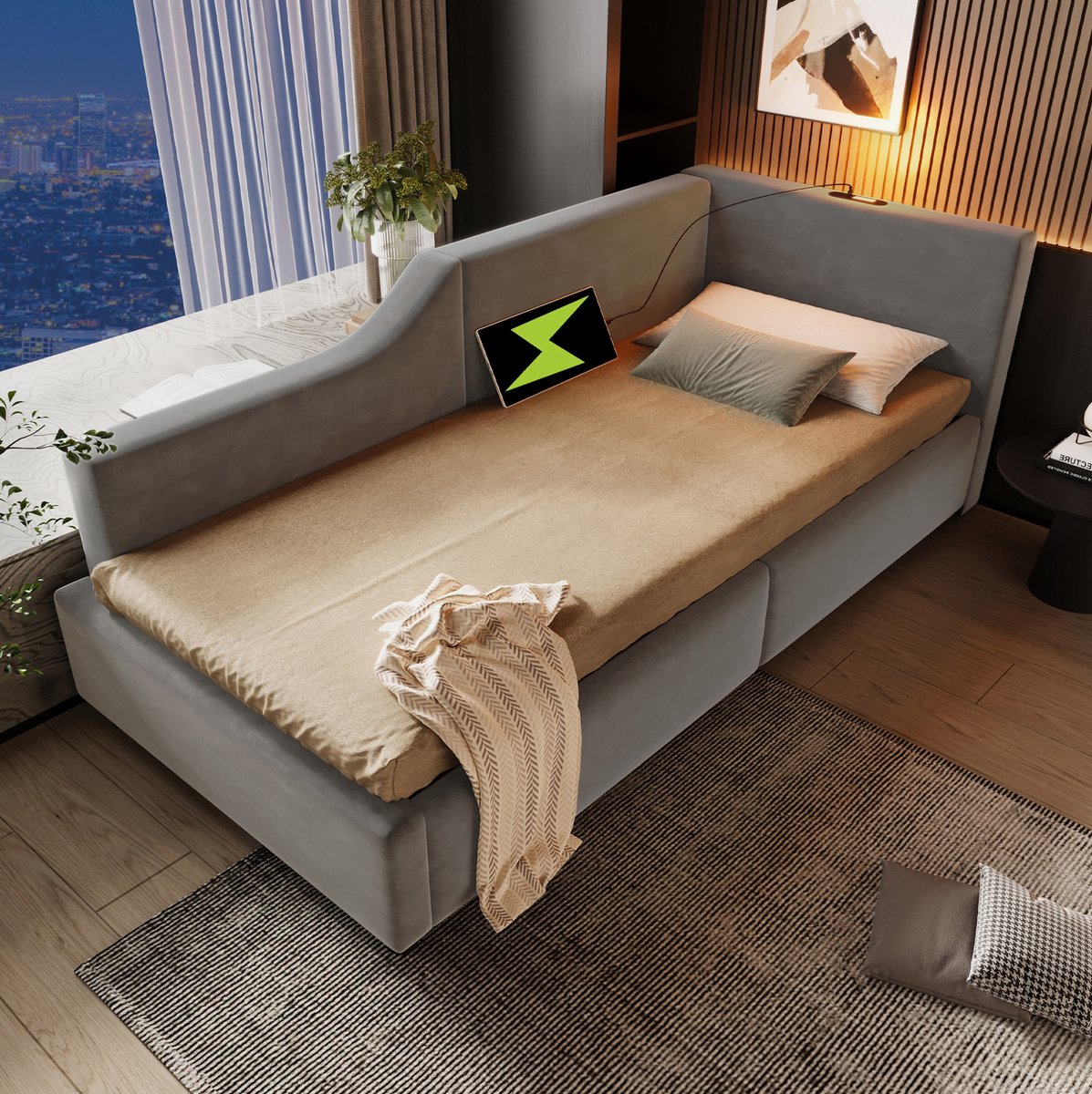 COVREO Bedframe 90x200 cm grijs velvet met opbergruimte zonder matras