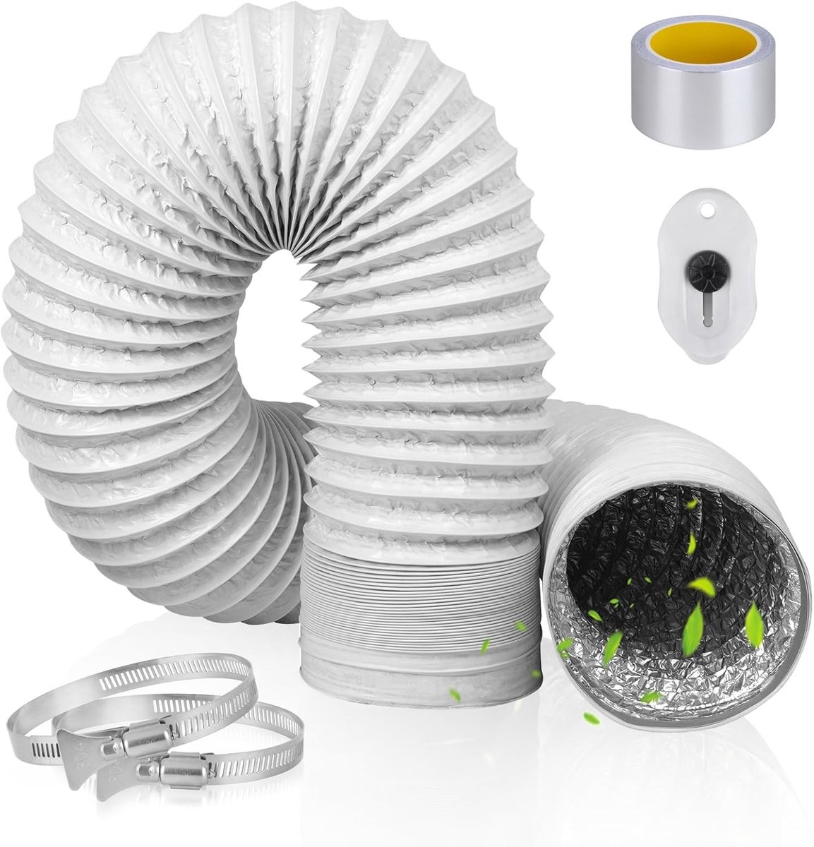 Flexibele Afvoerslang 100mm Diameter, 2m Lengte, PVC Aluminium Slang met 2 RVS Slangklemmen voor Droger en Airconditioning Extractor Hood