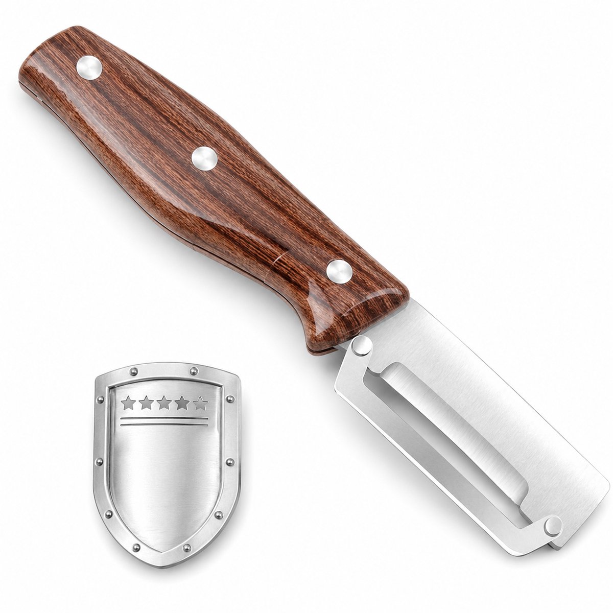 Vivva - Dunschiller RVS - Aardappelschiller & Groenteschiller - RVS met Houten Handvat - Met Flesopener & Beschermkap - NOMYX