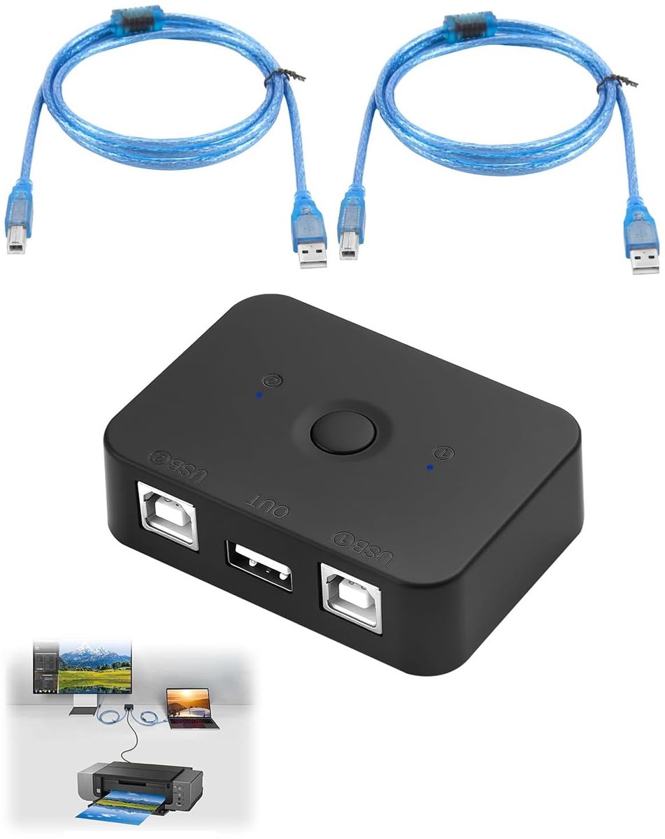 USB Printer Sharing Switch voor 2 Computers - Handmatige Schakelaar met LED en 2 Printerkabels van 1,5 m voor Efficiënt Printen