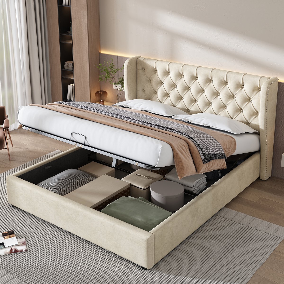 COVREO Bedframe 160x200 cm 166 cm beige met opbergruimte zonder matras