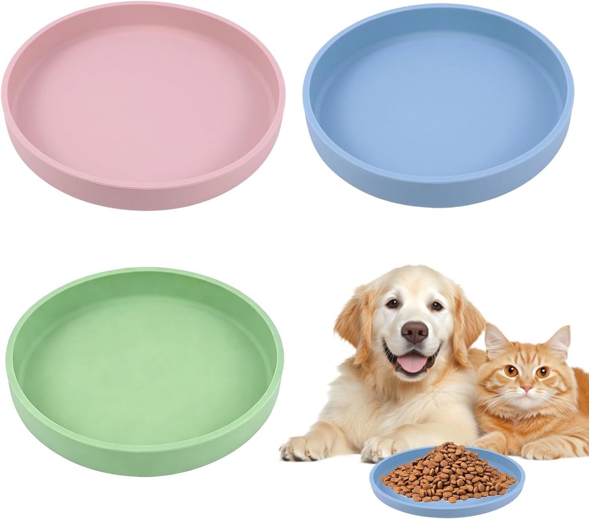 Set van 3 Siliconen Voerbakken voor Katten en Honden - 18 cm Platte Kattenbak voor Nat en Droog Voedsel in Roze, Blauw en Groen