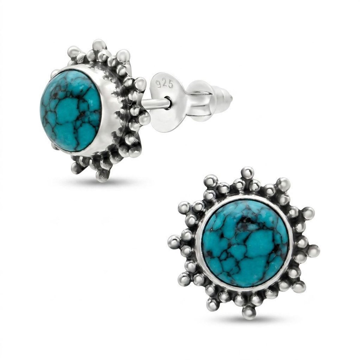 Zilveren Oorstekers met Turquoise Steen – 925 Zilver – Ronde Oorbellen Dames 8,5 mm