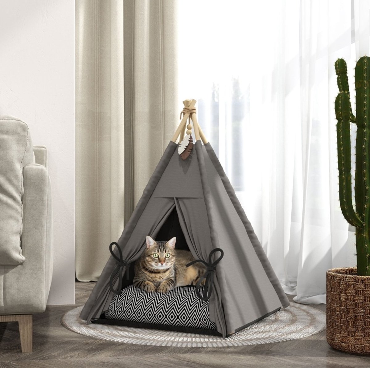 Kattenhuis Tipi Zelt Grijs 60 x 60 x 76 cm Polyester Houten Stangen Wasbaar Kussen Voor Kat En Kleine Hond