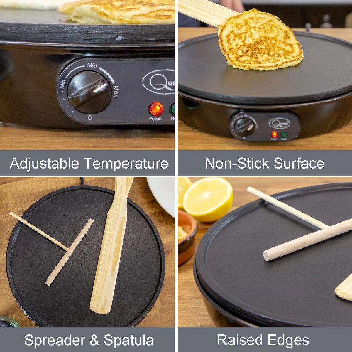 SnelShoppen - Elektrische Pannenkoek & Crêpe Maker 12 Inch - Niet-aanbak Kookplaat met Verhoogde Randen - Instelbare Temperatuur - Inclusief Houten Sp