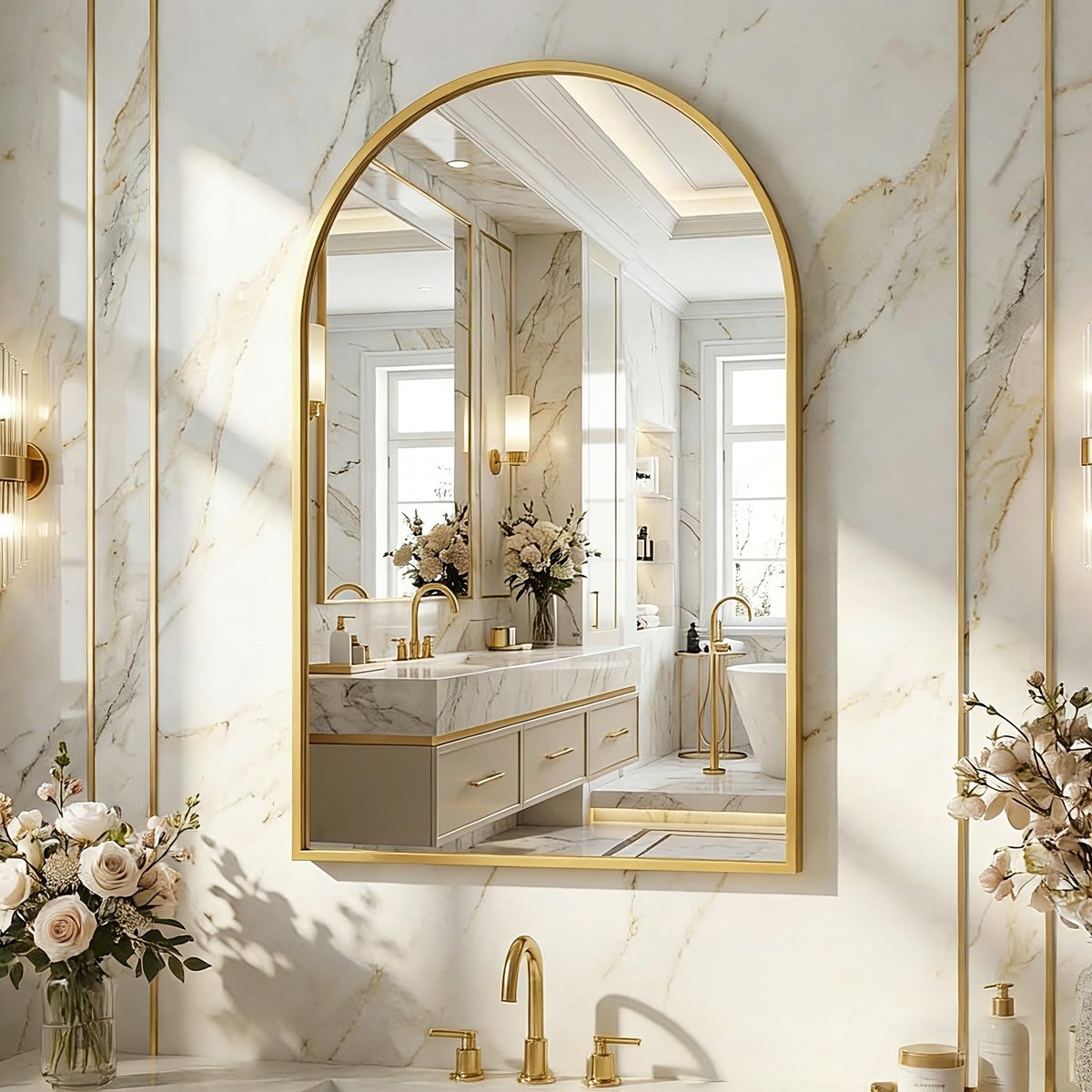 SnelShoppen - Boog Wandspiegel Goud 61 x 91 cm - Onbreekbaar Aluminium Frame - Wandmonteerbare Badkamerspiegel - Geschikt voor Slaapkamer, Entree, Bad