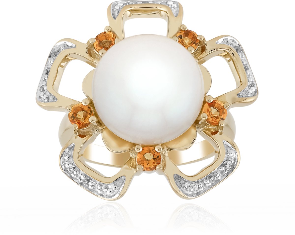 Cavill - Luxe Zilveren Ring met Witte Zoetwaterparel en Citrien - 925 Sterling Zilver Verguld - Elegante Ronde Damesring met Zirkonia