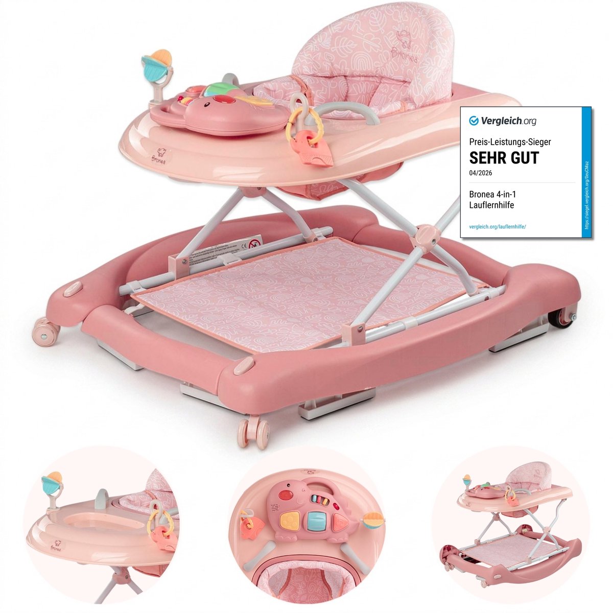 BRONEA® 5-in-1 Loopstoeltje voor baby's | Babywalker met schommelfunctie, muziek & licht | Afneembaar speelpaneel | Loopstoel in hoogte verstelbaar & inklapbaar | Rose