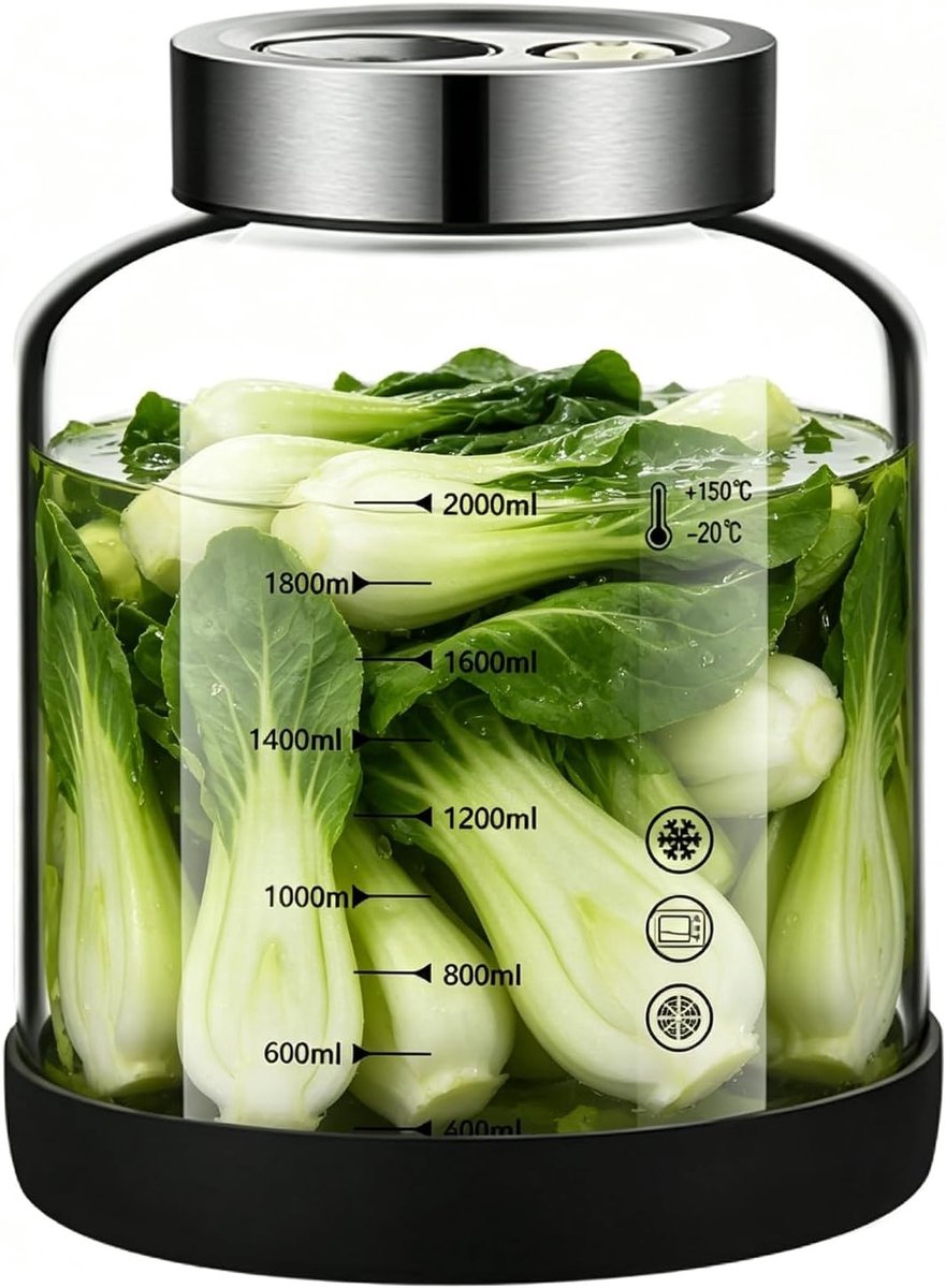Fermentatieglas met deksel voor kimchi en zuurkool, 2 liter, ideaal voor inmaken en kefir,