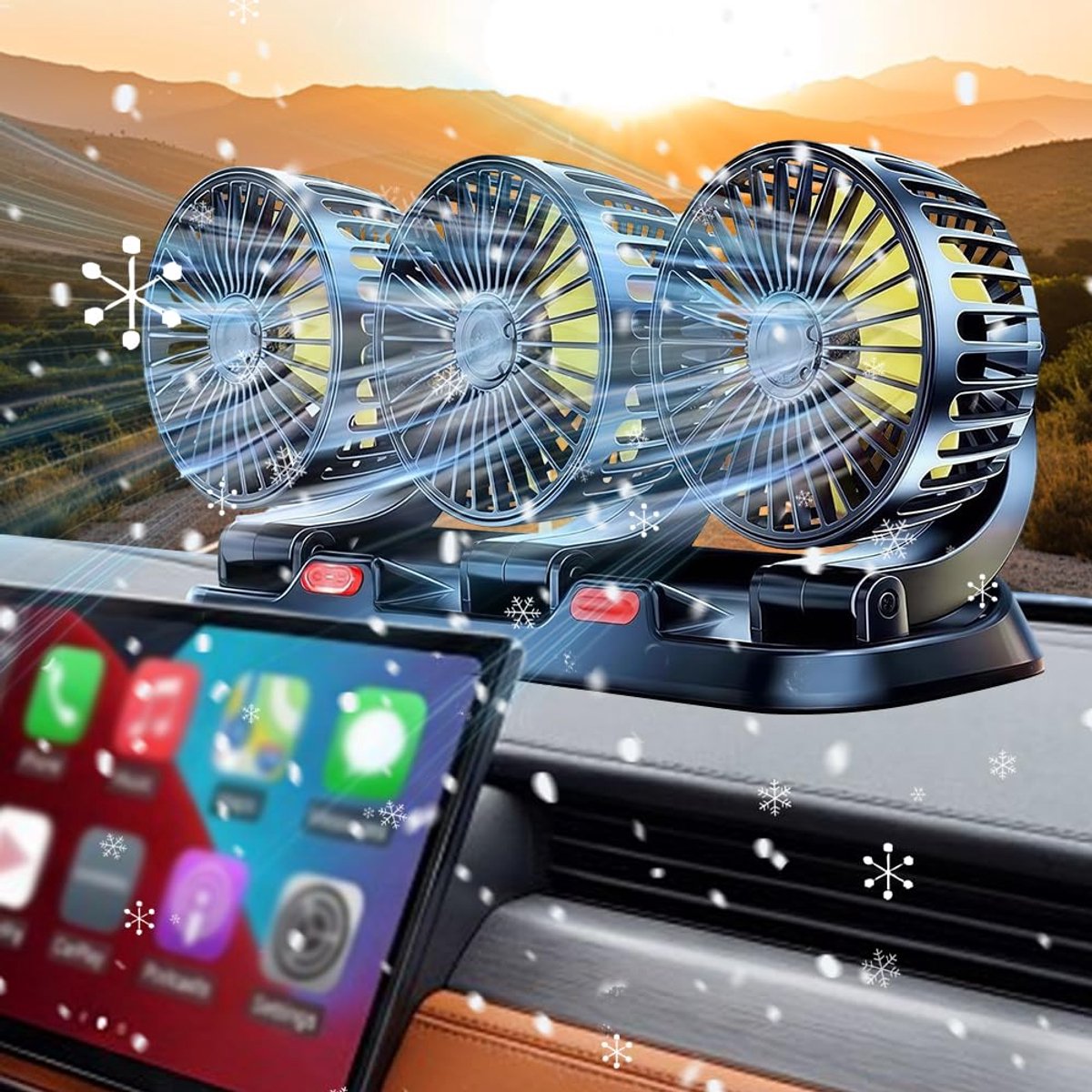 SnelShoppen - Lotvic Autoventilator 12V, Draagbare Autoventilator met 3 Koppen, 2 Snelheden, 180° Oscillatie en 360° Draaibaar voor Vrachtwagen, Beste