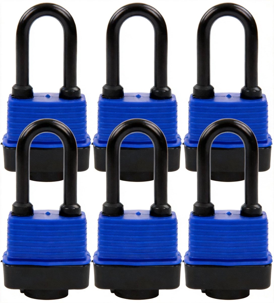 SnelShoppen - Set van 6 Weerbestendige Hangsloten 44 mm - Robuuste Stalen Sloten met Blauwe Afdekking - Waterdicht en Lange Schacht voor Tuin, Garage