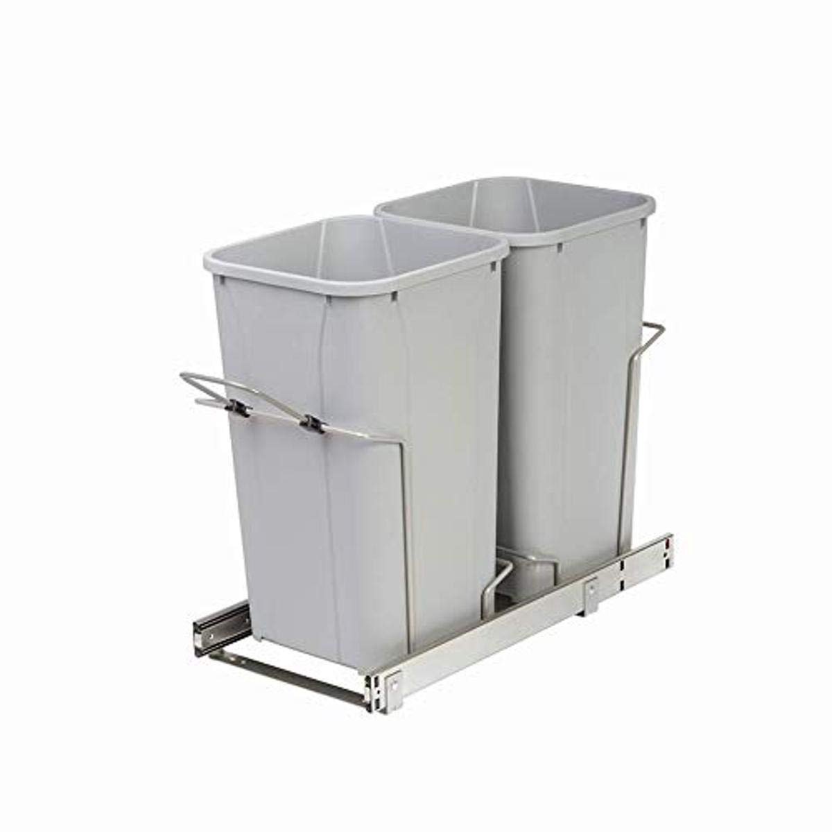 SnelShoppen - Dubbele Soft-Close Onder-Mount Uittrekbare Vuilnisbak 27 Qt - 11"x22"x18.7" - Platina Stalen Glijbanen met Plastic Afvalcontainers voor