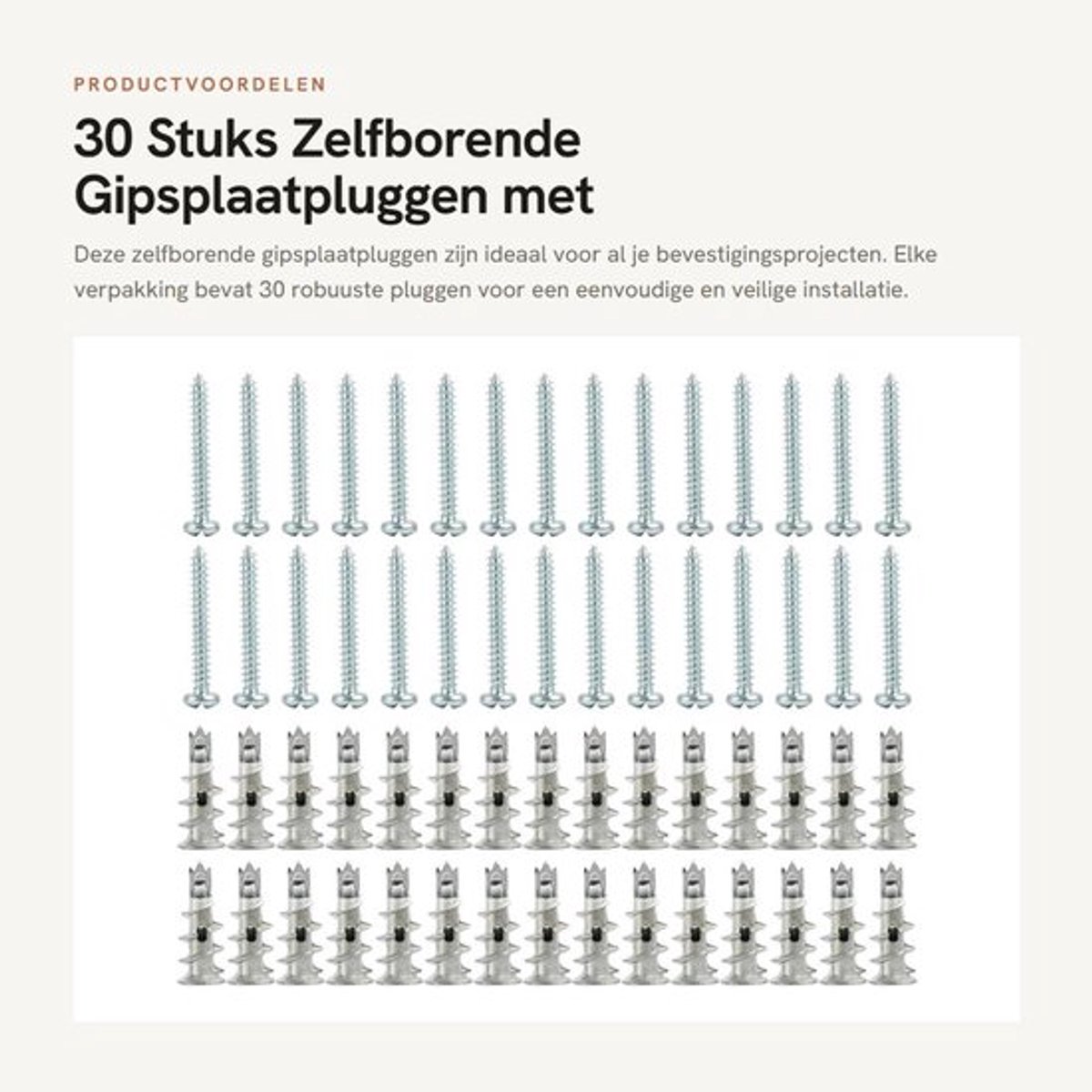 Gipsplaatpluggen 30 Stuks - Zelfborend - Metalen Pluggen - Bevestiging op Gipsplaten/Bakstenen - Eenvoudige Installatie - Tijd Besparend - Bevestigingspluggen