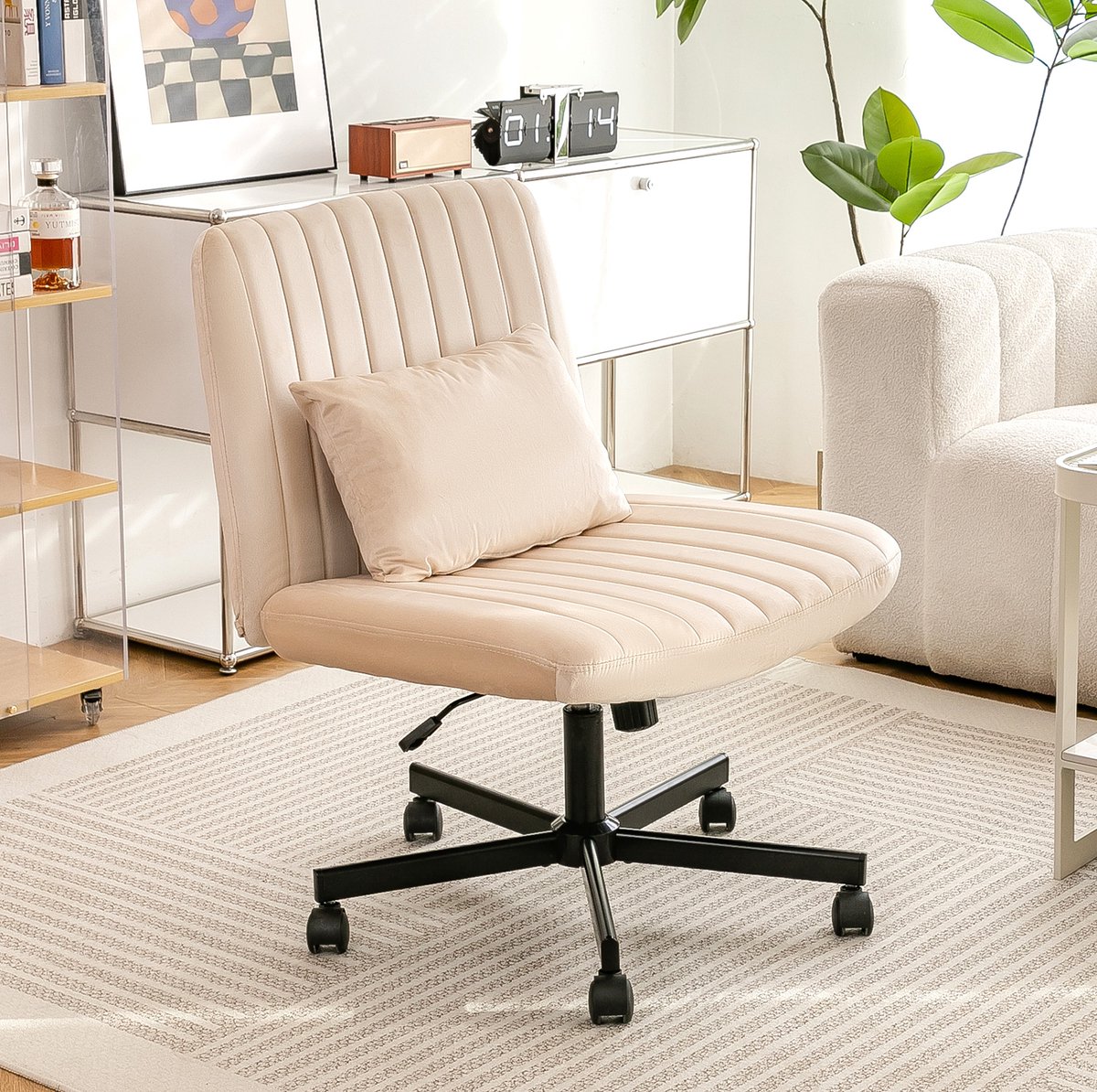 OKWISH Bureaustoel – Hoogteverstelbaar & Draaibaar Zonder Armleuningen – Met Stille Wielen En Kussen – Voor Home Office Of Woonkamer – Linnen – Beige