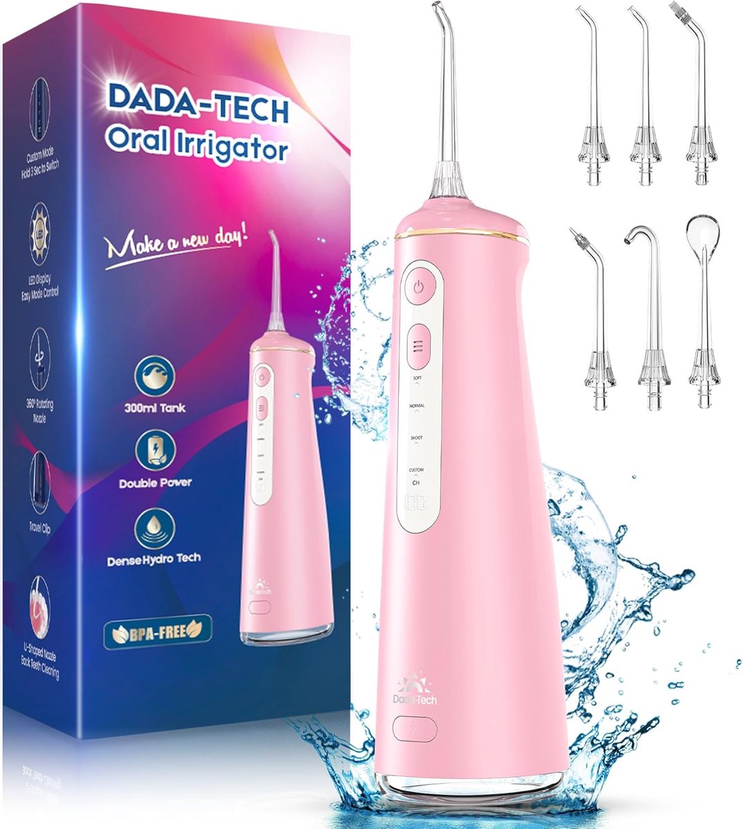 SnelShoppen - Draadloze monddouche Waterflosser met 4 Modi, 8 Instelbare Niveaus, 7 Sproeiers, 300 ml Tank, Roze, Perfect voor Interdentale Reiniging