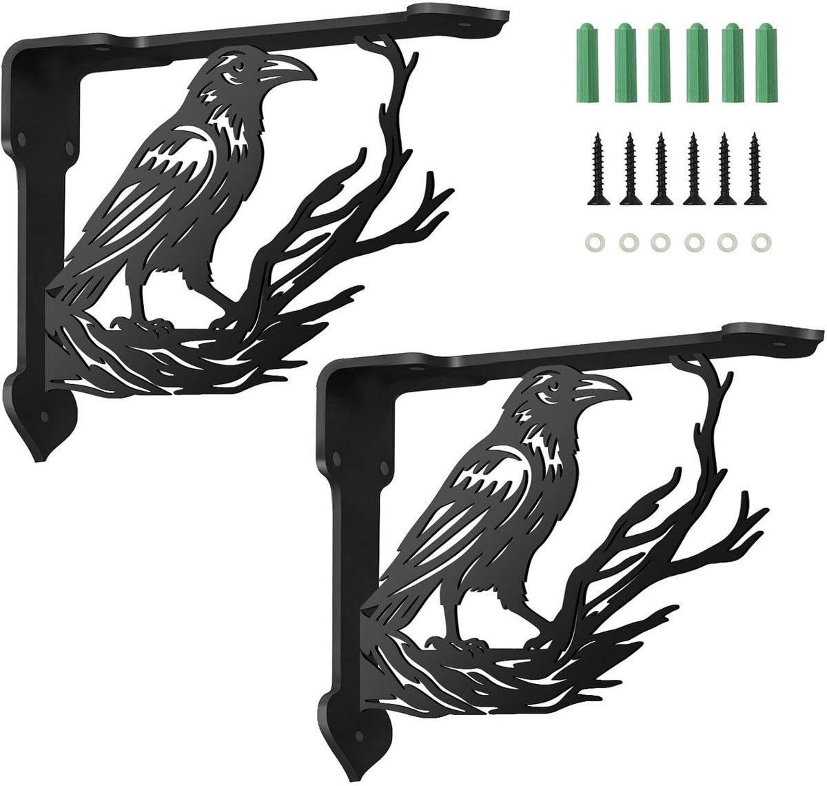 Decoratieve metalen plankbeugels met kraai op tak, L-vormige wandplankhouders voor boeken en keuken, zwart, 21 x 17,2 x 0,4 cm, geschikt voor zware lasten