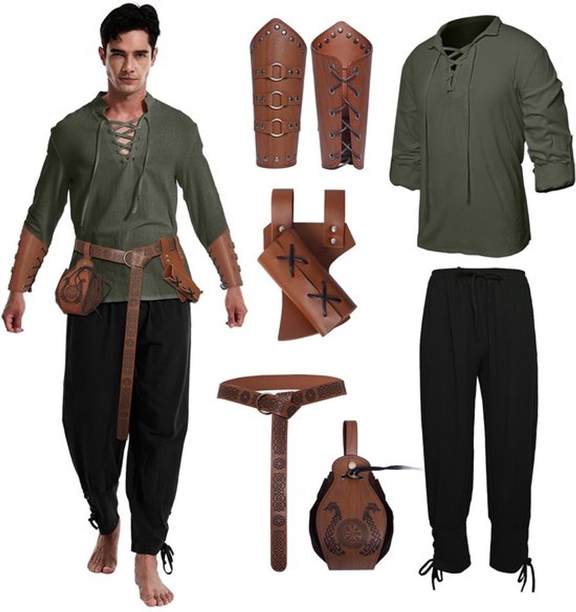 Middeleeuwse Kleding Heren Set - Viking Kostuum - Piraten Kostuum - Broek met Armbeschermers - Riem en Muntentas - Ademend Katoen/Linnen