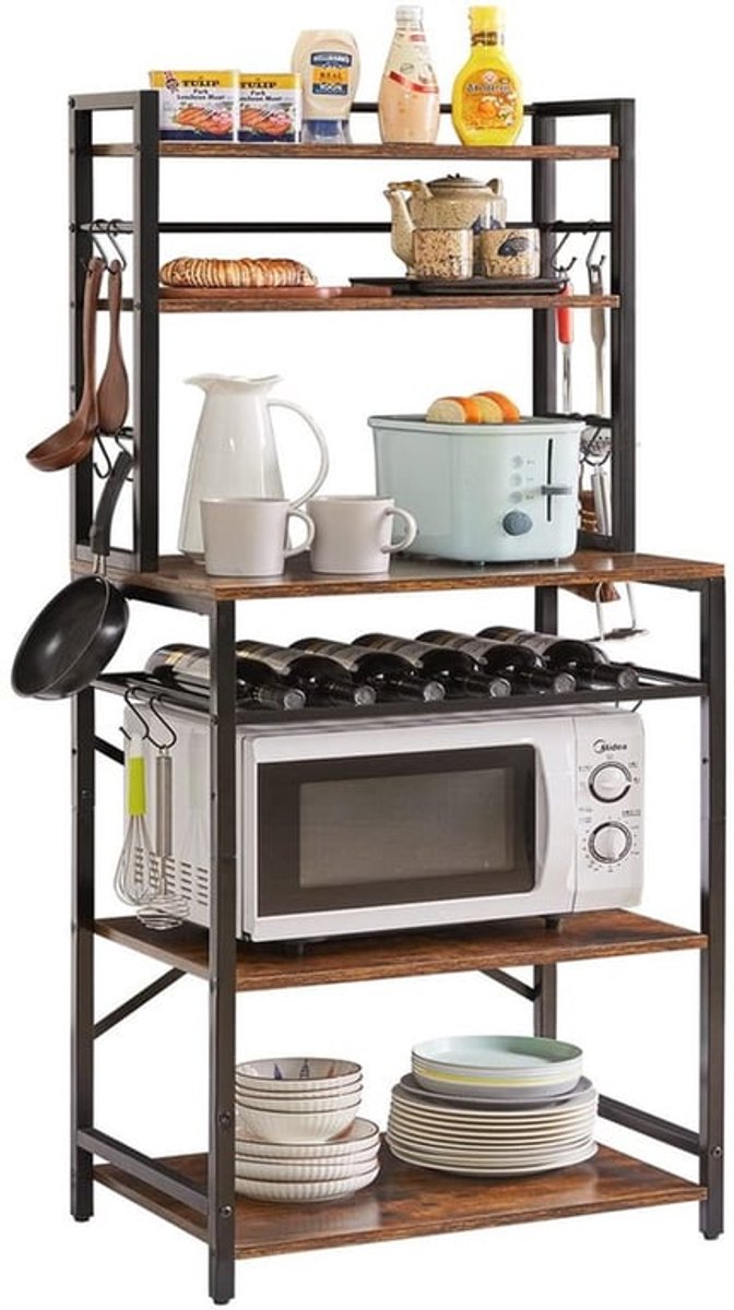 YMYNY HBR003H Keukenrek, bakkersrek, staand rek met haken, magnetronrek met 6 planken, wijnrek, industrieel design, multifunctionele organizer, voor magnetron, kookgerei, bruin-zwart
