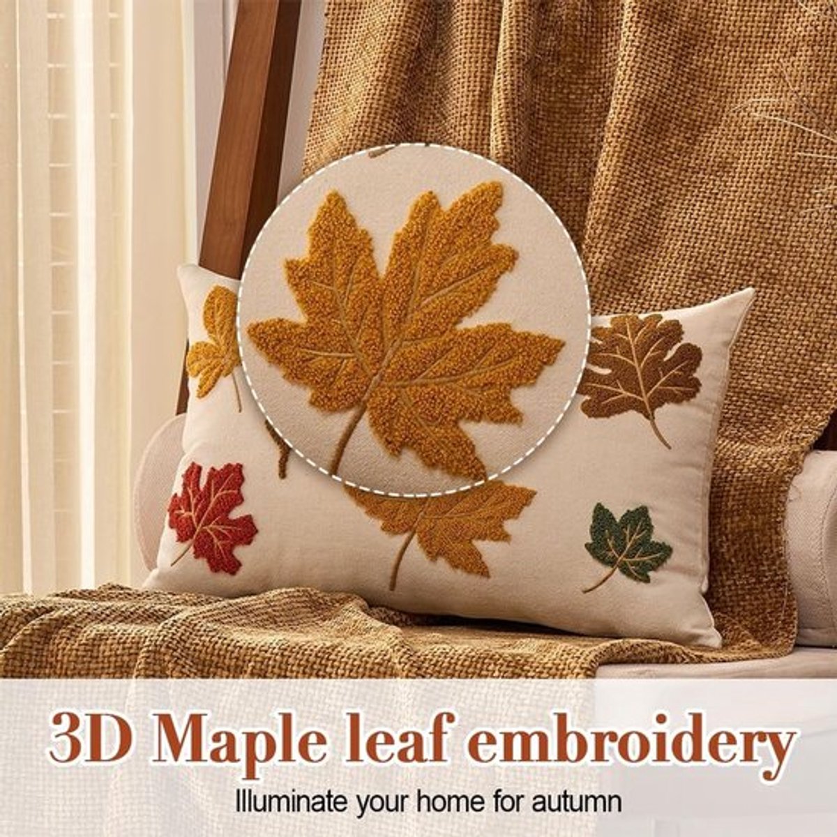 Kussenhoes 30x50 cm - Driedimensionaal Geborduurd - Esdoornblad/Pompoen - Zacht en Comfortabel - Herfstdecoratie - Warme Kleuren - Kussensloop