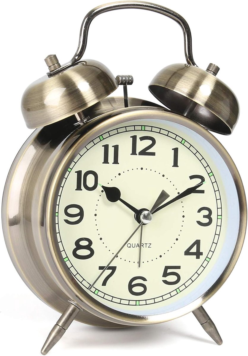 SnelShoppen - Super Luide Retro Wecker voor Zware Slapers - Stille Quartz Tafelklok met Nachtlampje - 4 Inch Bronzen Klok voor Slaapkamer en Nachttafe