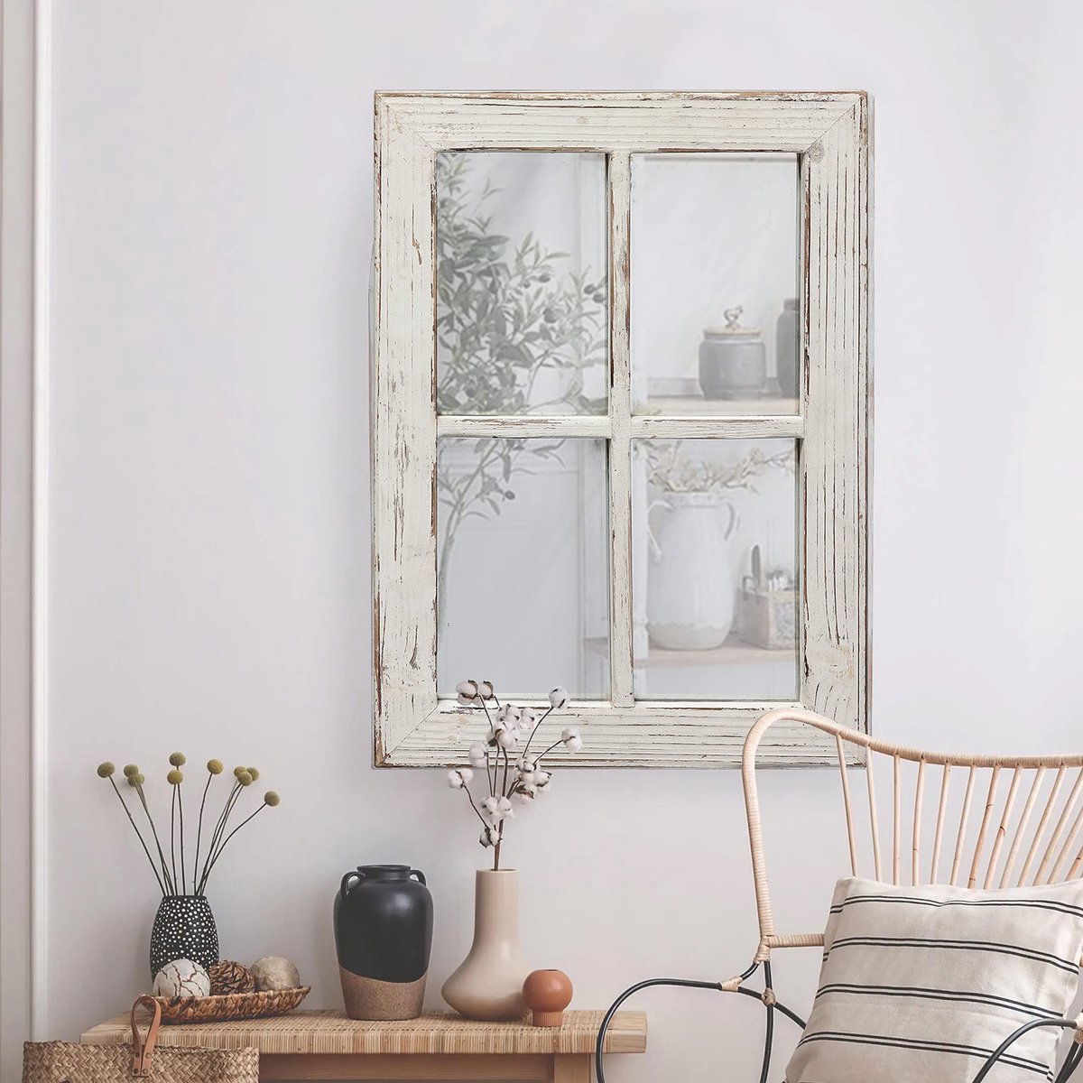 SnelShoppen - Rustieke Rechthoekige Raamspiegel 28 x 39,5 cm, Gedistressed Wit, Handgemaakt, Decoratieve Vintage Wandspiegel voor Hal, Woonkamer, Keuk