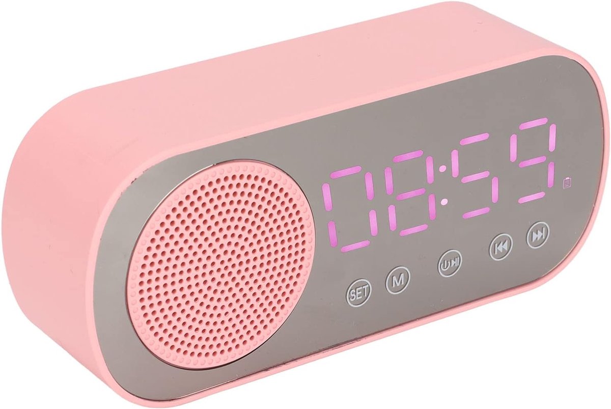 SnelShoppen - Pink Alarm Clock Speaker Bluetooth HiFi LED Mirror Screen FM Radio - Digitale Klok voor Meisjes - Draagbare Radio, Multifunctioneel, Een