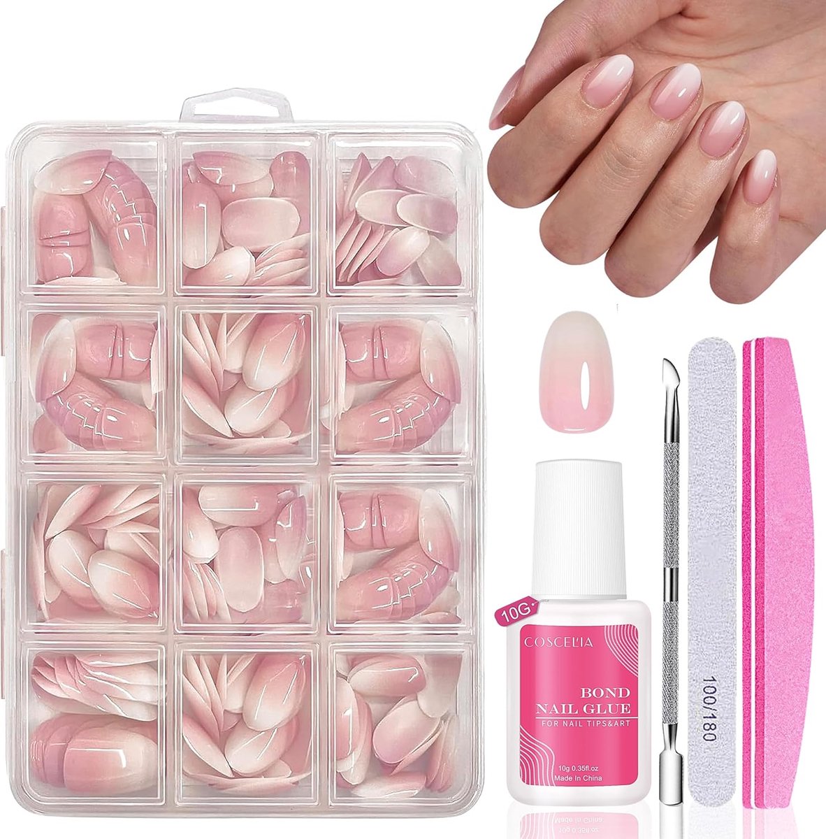 SnelShoppen - 240 Pcs French Fake Nails - Witte Roze Gradient Design Kunstnagels, Volledige Dekking, Zachte Gel, 12 Maten, Natuurlijke en Comfortabele