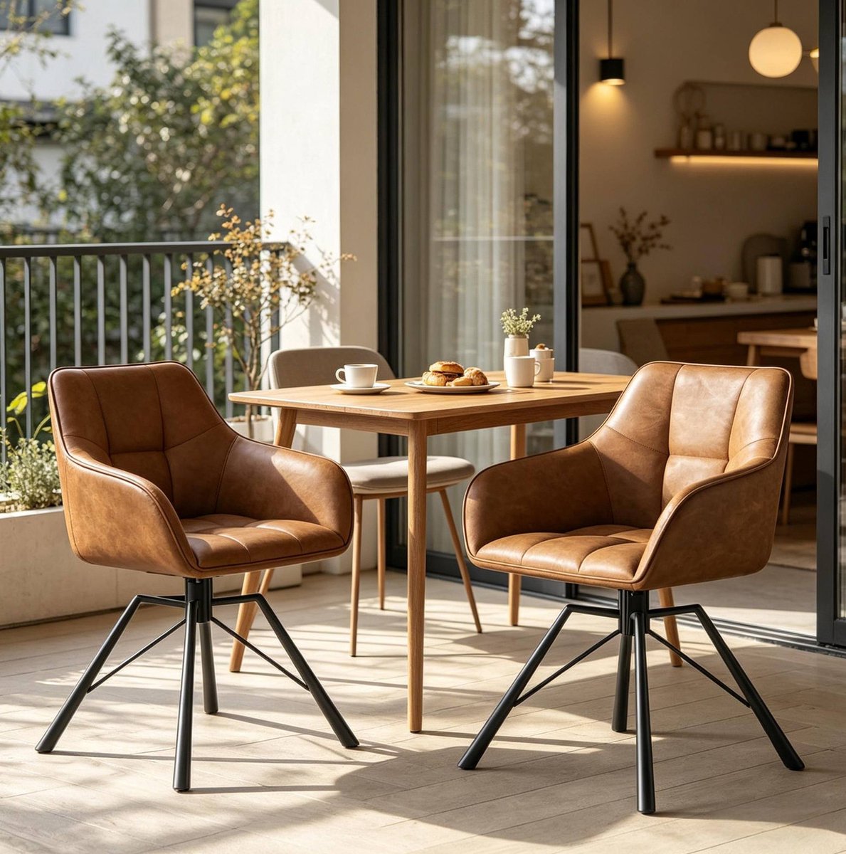 STILVORA Eetkamerstoel 58,5 x 54,5 x 82,5 cm - Draaibaar Met Armleuningen - Set Van 2 Voor Eetkamer En Keuken - Kunstleer En Metaal - Lichtbruin
