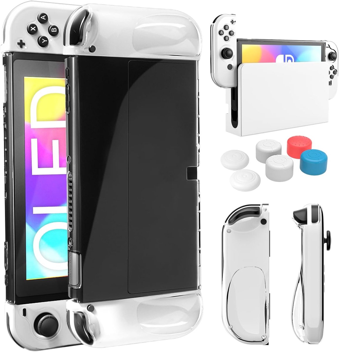 SnelShoppen - Cases voor Nintendo Switch OLED - Transparante TPU Joy-Con Bescherming met Hard PC Dockable Case en 6 Joystick Caps - Perfect voor Speel