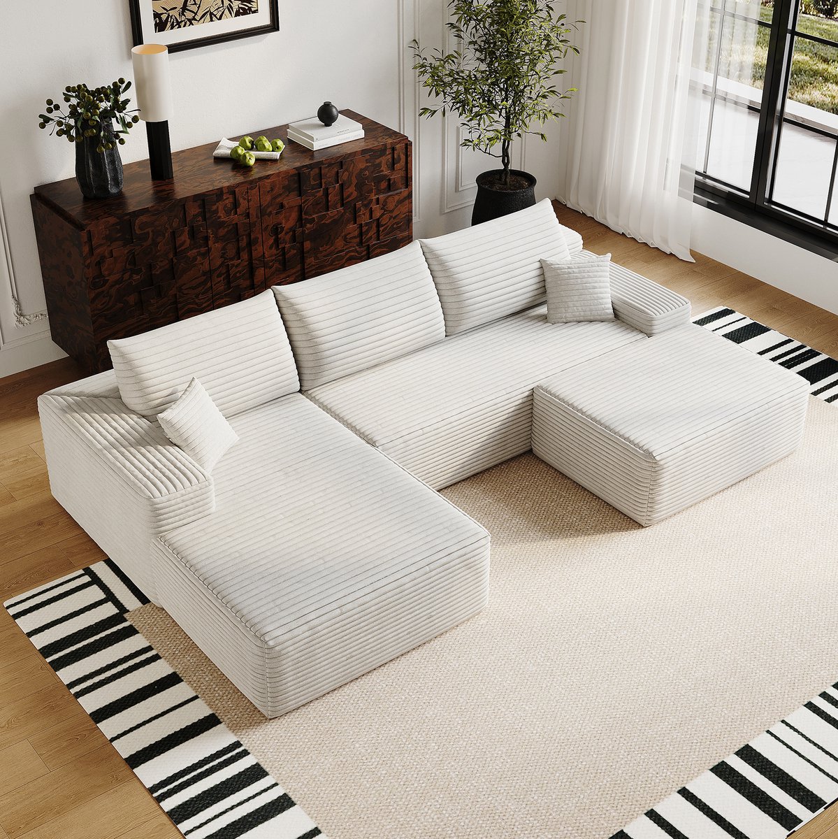 OKWISH Hoekbank 270 cm - Modulaire 4-Zits Met L-Vormige Chaise Longue En Diepe Zitting - Zonder Montage Voor Woonkamer - Stof - Wit