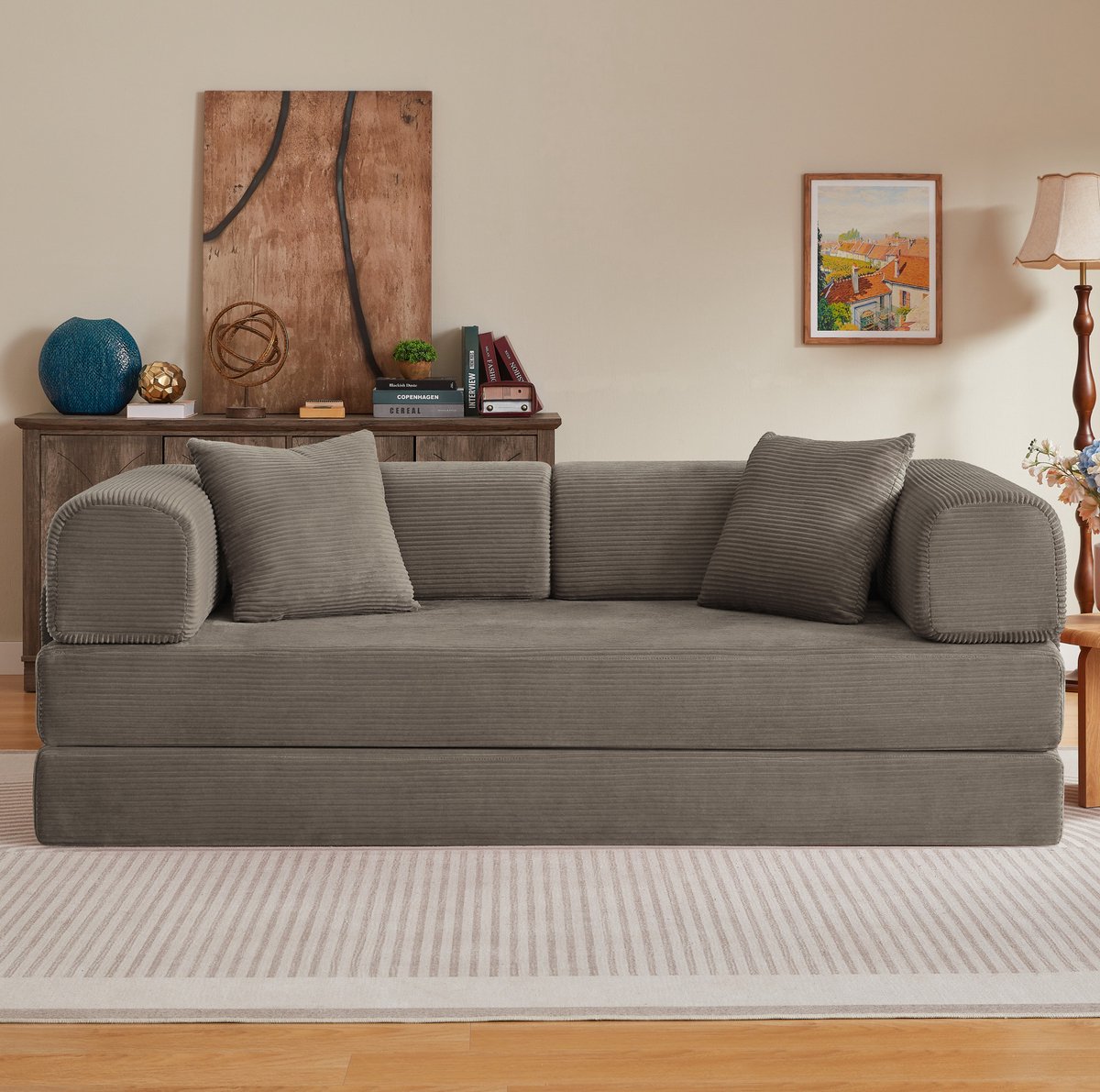 OKWISH Slaapbank 3-Zits - Uitklapbaar Tot Slaapbed Met 2 Kussens - Comfortabel Voor Woonkamer En Slaapkamer - Corduroy - Taupe