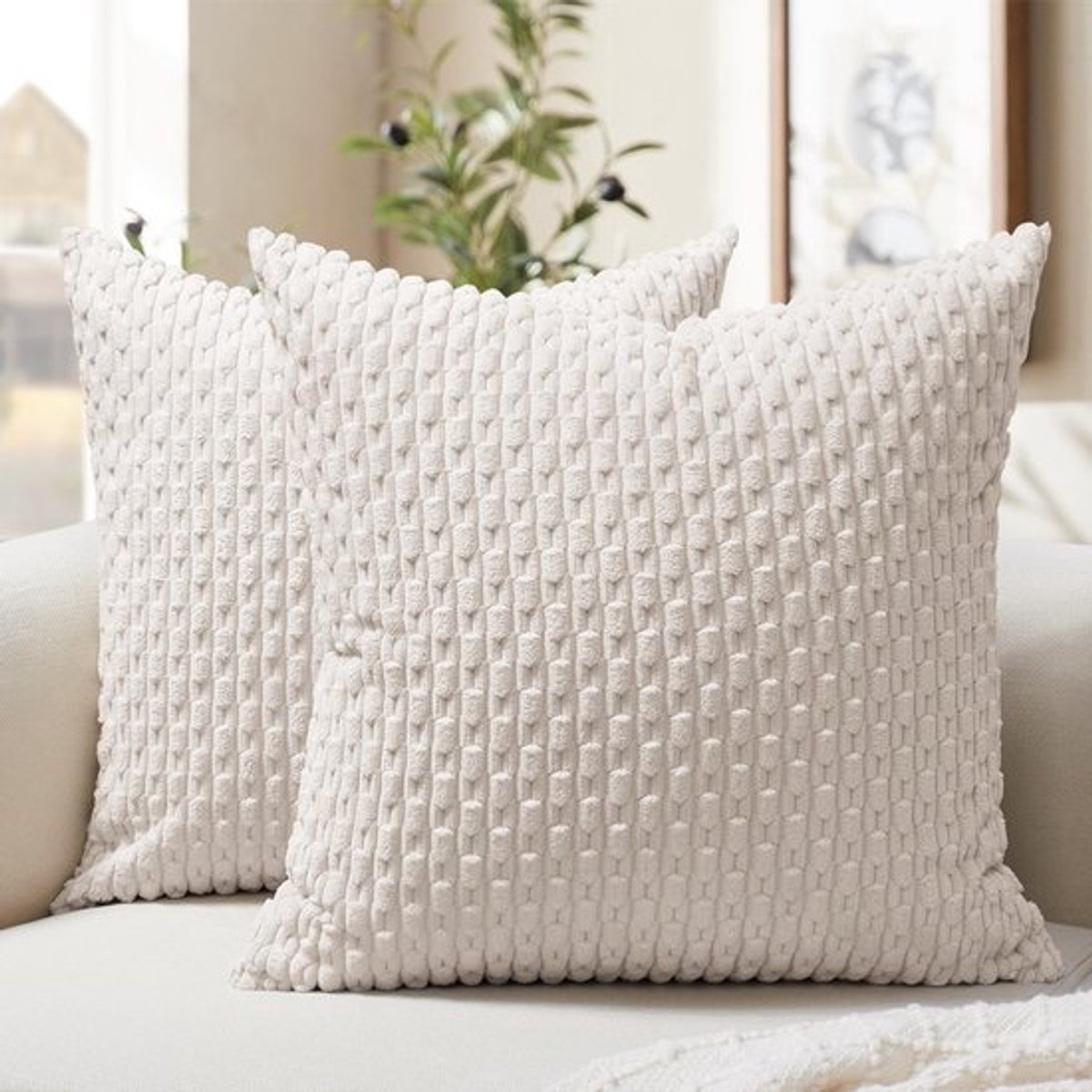 Kussensloop 30 x 30 cm - Set van 2 - Corduroy - Boho-beige - Sierkussen - Geschikt voor wo