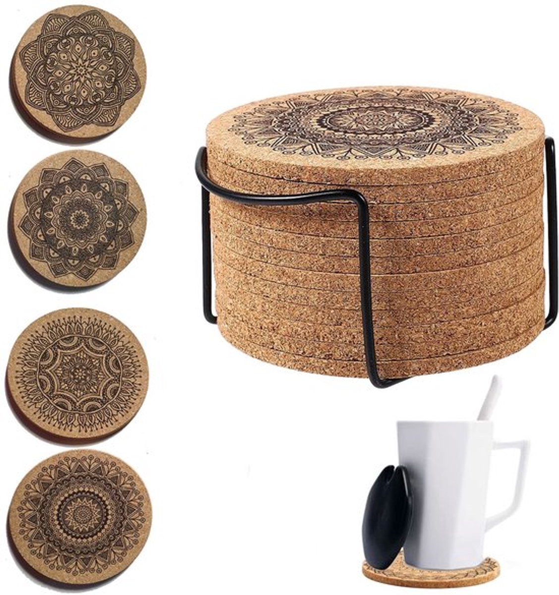 Onderzetters Kurk - 12 Stuks - Herbruikbare Absorberende Onderzetters - Onderzetters met Houder - Onderzetters voor Glazen - Onderzetters voor Pannen - Diameter 10 cm - Coaster