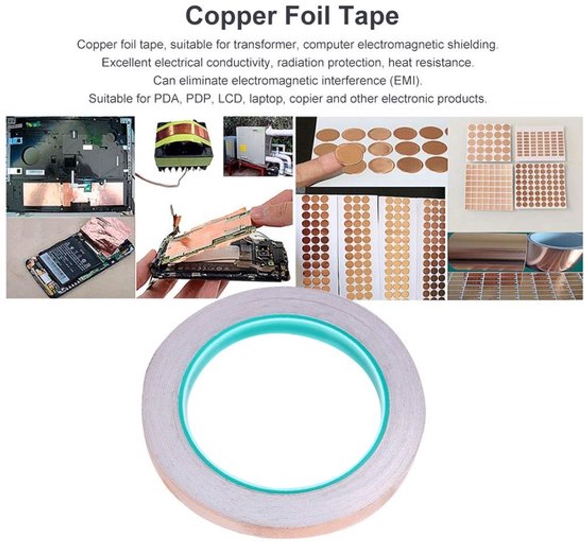 Dubbelzijdige koperfolietape - Geleidende tape - Afscherming - 10 mm x 20 m - Koperfolie tape - Voor elektromagnetische bescherming -...