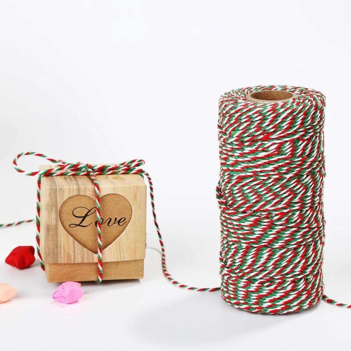 100 m katoenen kersttouw (rood, wit en groen / 'candy cane'-stijl, diameter 2 mm) – Geschikt voor doe-het-zelf kerstdecoraties en het inpakken van cadeaus