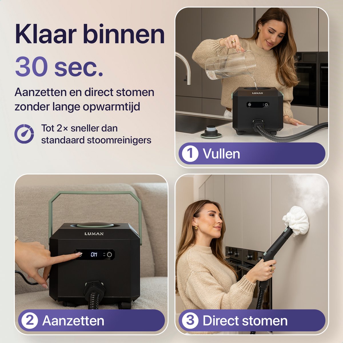 LUMAN Stoomreiniger MAX – 2600W - 60 min Stoomtijd - 2.5L Watertank – Handstoomreiniger & Tapijtreiniger - Zwart thumbnail 3