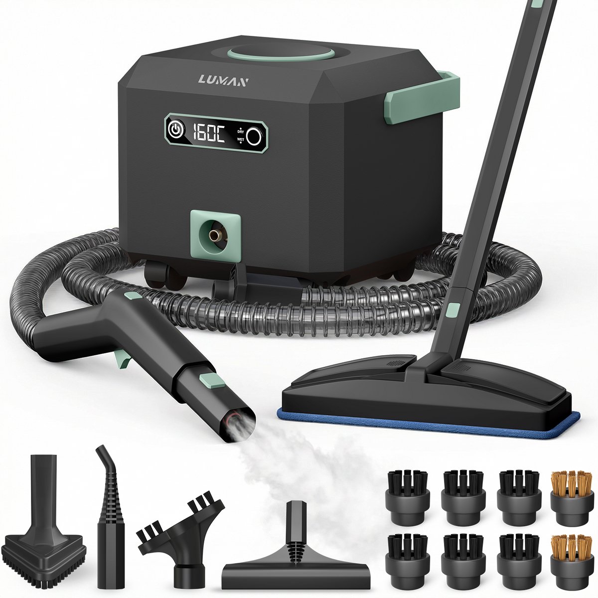 LUMAN Stoomreiniger MAX – 2600W - 60 min Stoomtijd - 2.5L Watertank – Handstoomreiniger & Tapijtreiniger - Zwart