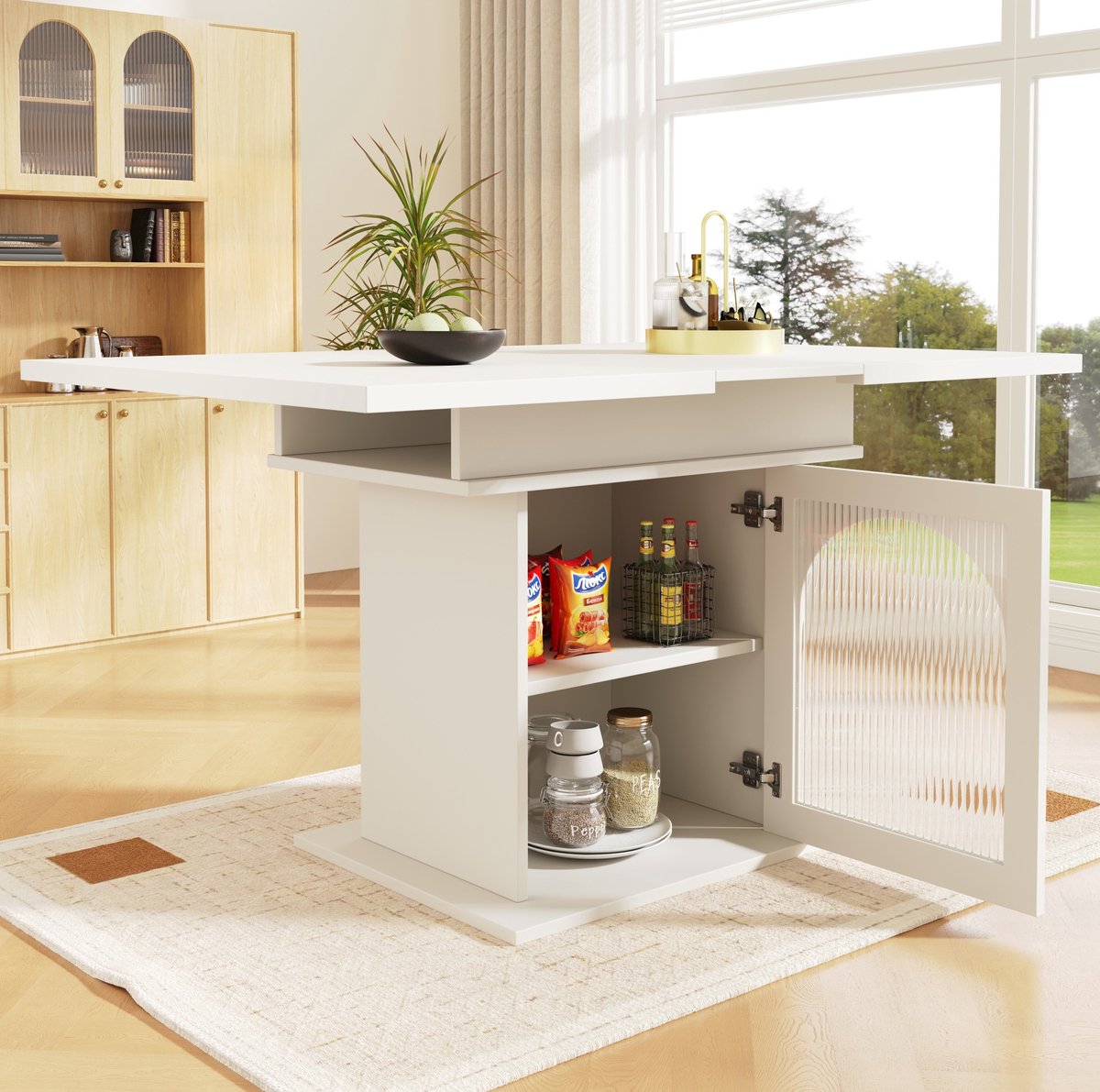 MEUNIQ uitschuifbare eettafel 110-140 x 80 x 76 cm met 3 opbergplanken, glazen deuren en verstelbare legplanken, rechthoekige tafel voor keuken en woonkamer, wit