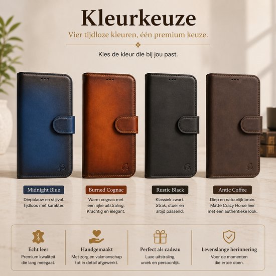 Vier leren telefoonhoesjes in de kleuren midnight blue, burnt cognac, rustic black en antique coffee.
