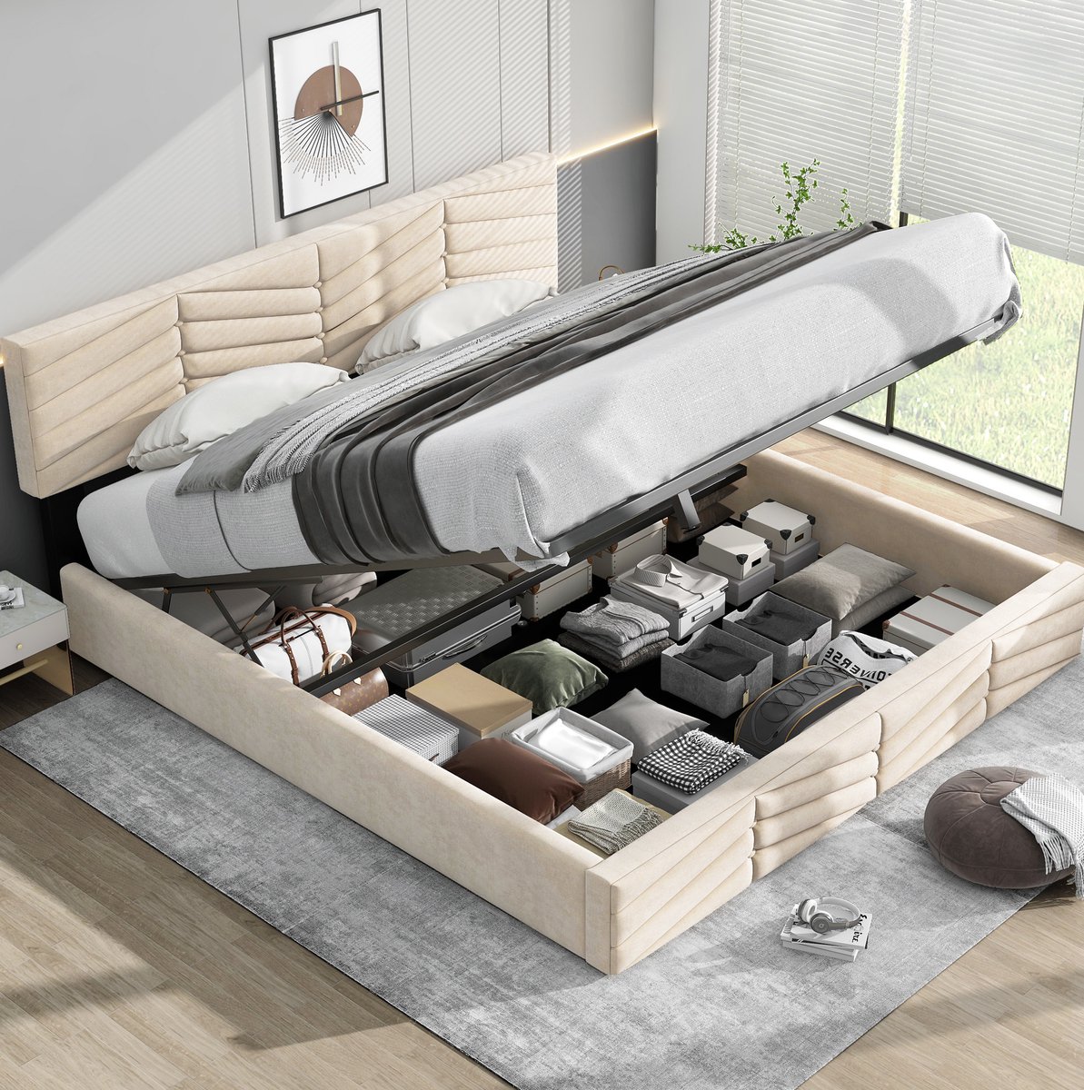 COVREO Bedframe 160x200 cm - beige, stof, opbergruimte, zonder matras