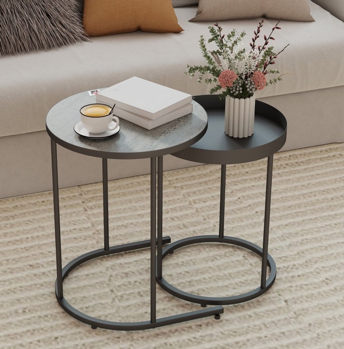 OKWISH Bijzettafel - Set Van 2 - Inschuifbaar En Ruimtebesparend - Ronde Salontafels Met Bladrand - Industrieel - Metaal Grijs - 42 cm